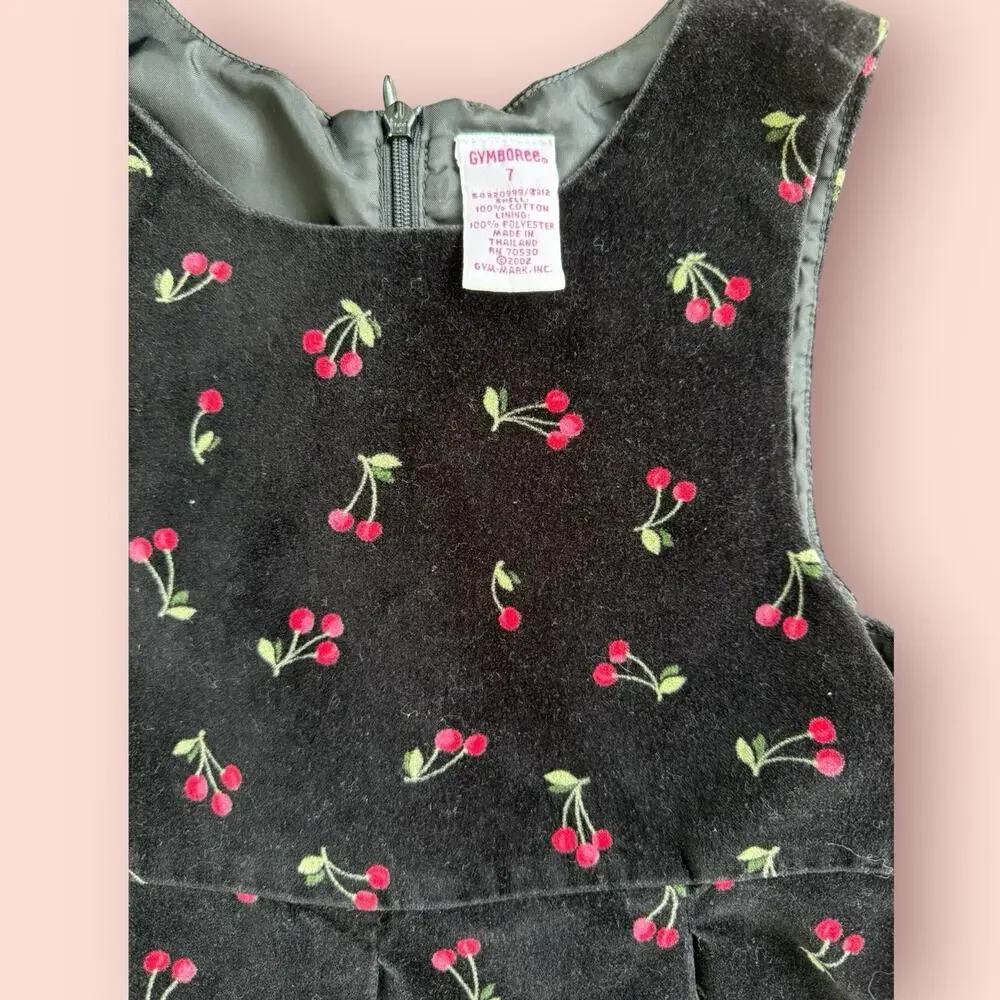 Y2K Vtg Gymboree Velvet Cherry Jumper Dress 2002 Christmas Black Red Sz 7 Girls
